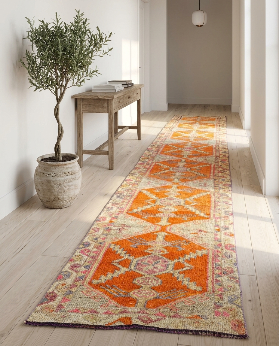 An extra long vintage Turkish runner rug, measuring 2'6" x 14'9", featuring bold orange geometric patterns on a distressed beige field with accents of pink, blue, and gray. Ideal for hallways or stairs.