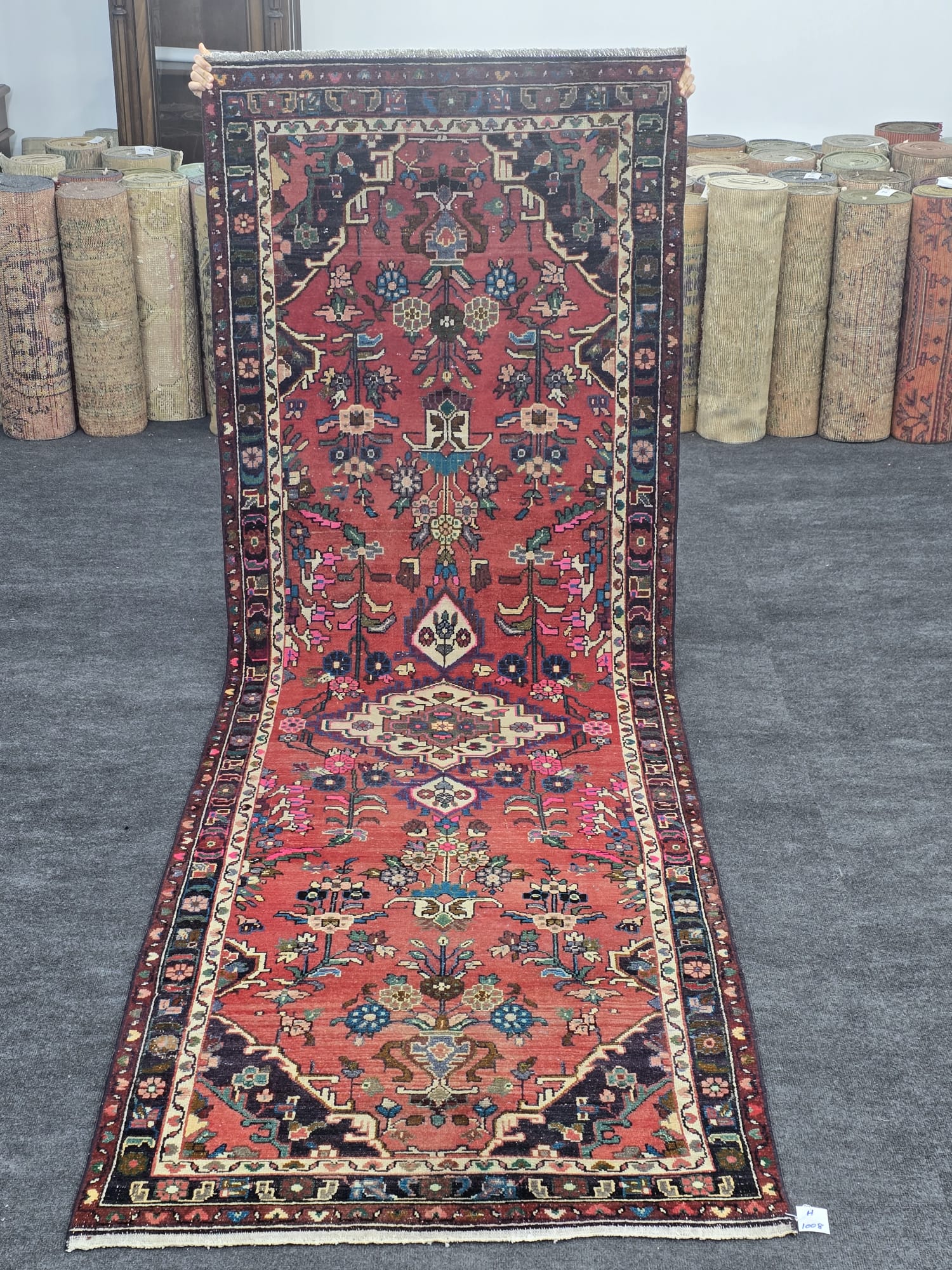 3x11 Ft Red and Navy Vintage Turkish Runner Rug with Geometric Floral Pattern, Hand-knotted Anatolian Wool Hallway Rug, Distressed Oriental Style Carpet for Entryway or Kitchen