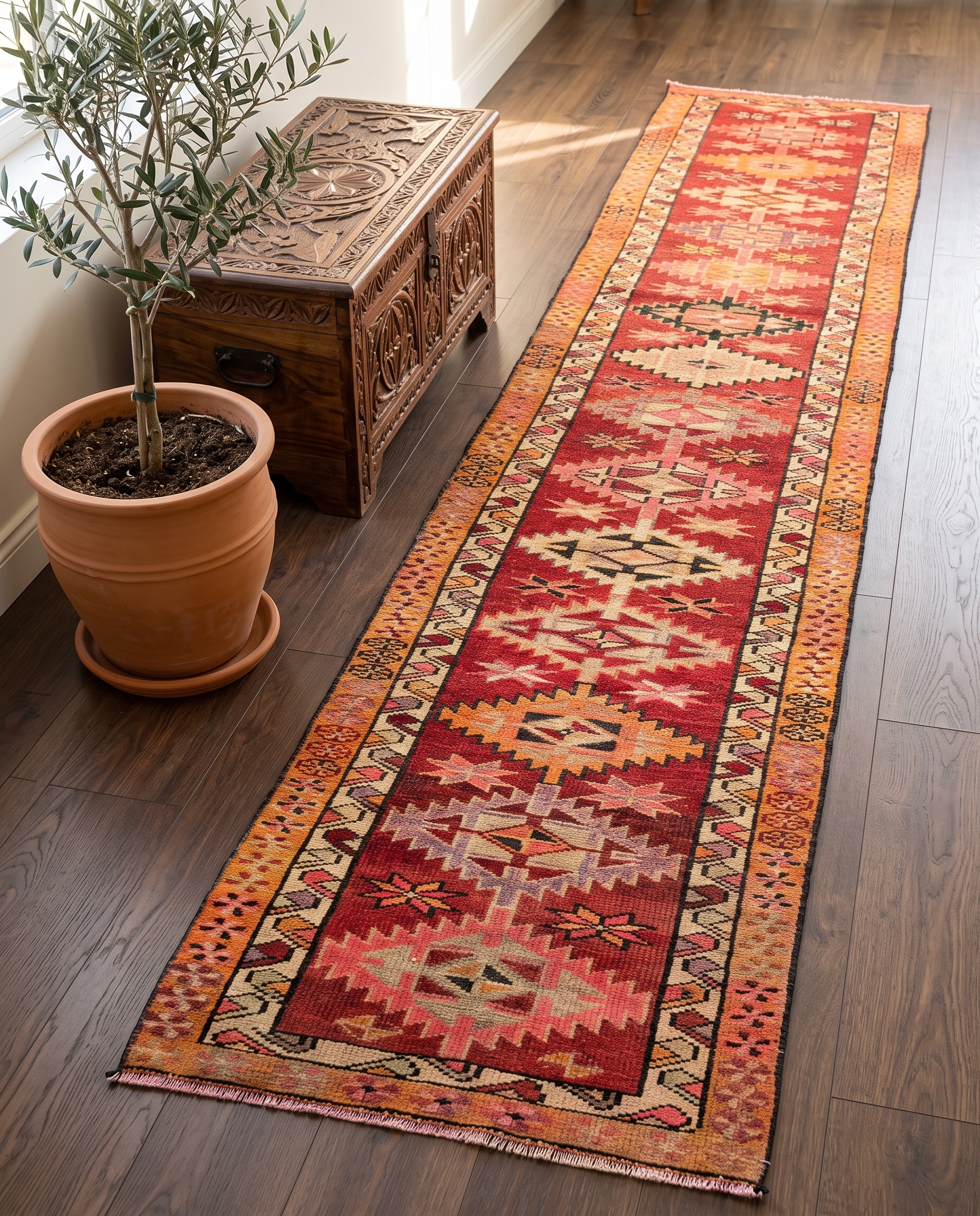 An extra long vintage Turkish runner rug, measuring 2.4 x 12.8 feet, features a rich red field with intricate geometric patterns in beige, orange, black, and pink. Ideal for hallways, kitchens, or entryways, this hand-knotted wool rug showcases authentic Anatolian craftsmanship and a distressed, warm aesthetic.