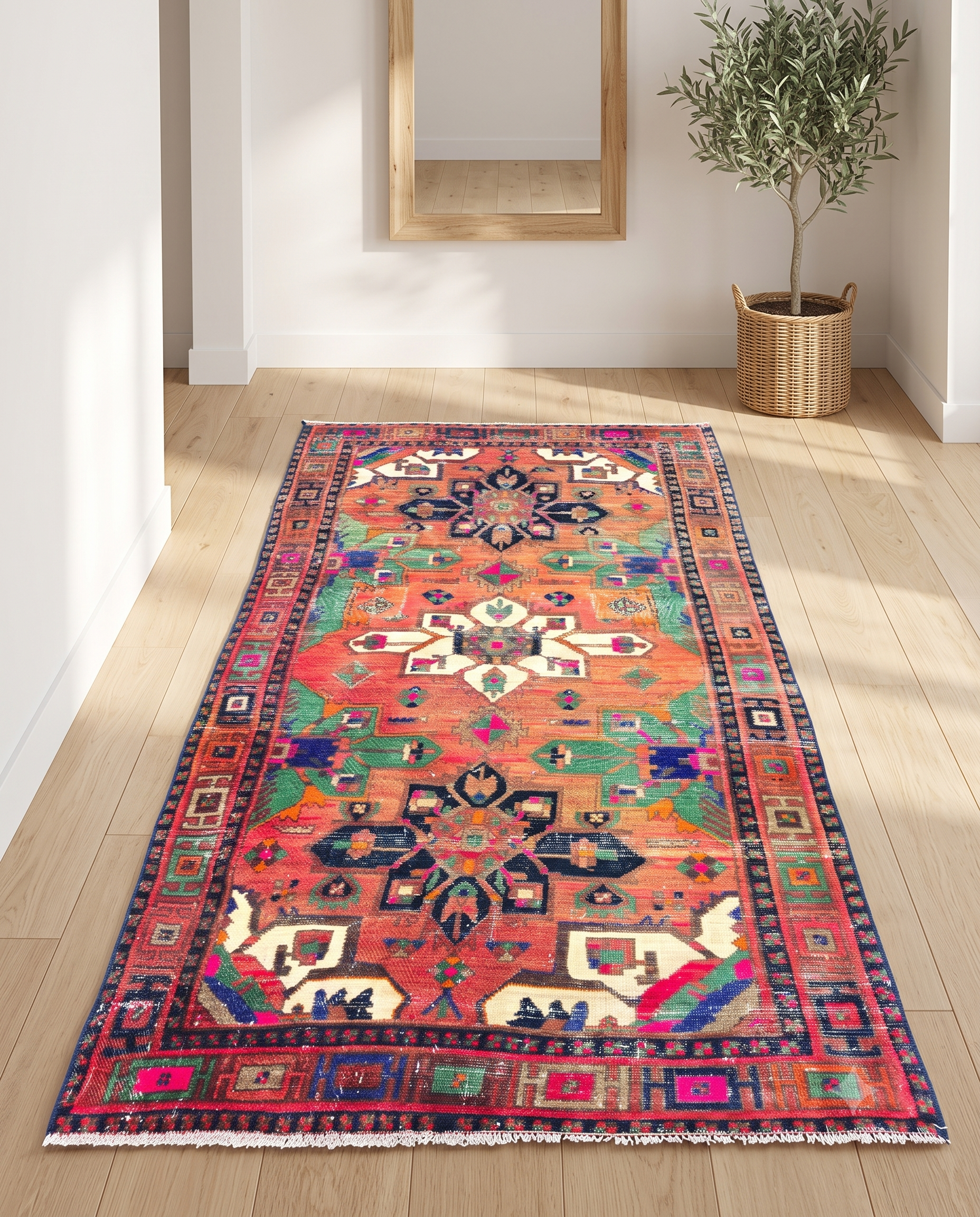 A vibrant, distressed vintage Turkish area rug measuring 6 feet 11 inches by 3 feet 8 inches, featuring a rich reddish-orange field with central geometric medallions in navy blue, green, pink, and cream. The border displays intricate geometric patterns.