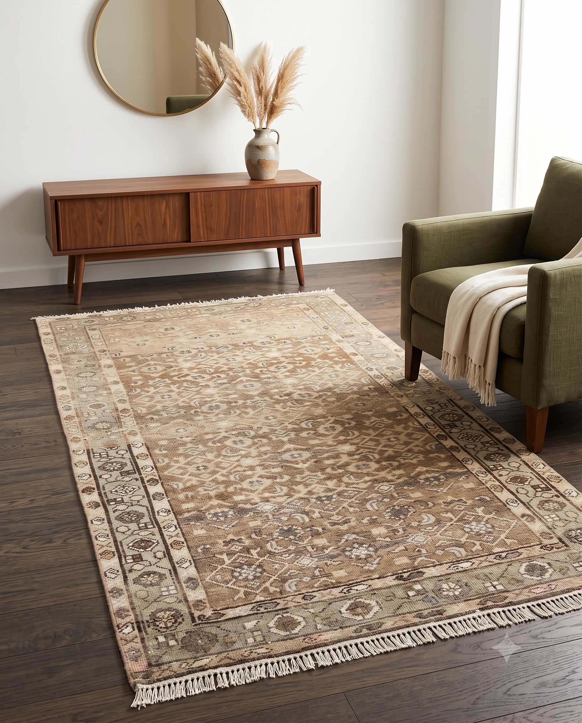 Vintage Turkish Runner Rug, 3x7 Ft, Muted Beige Brown Gray, Geometric Pattern, Hand-knotted Wool, Distressed Antique Style, Entryway Kitchen Hallway Rug